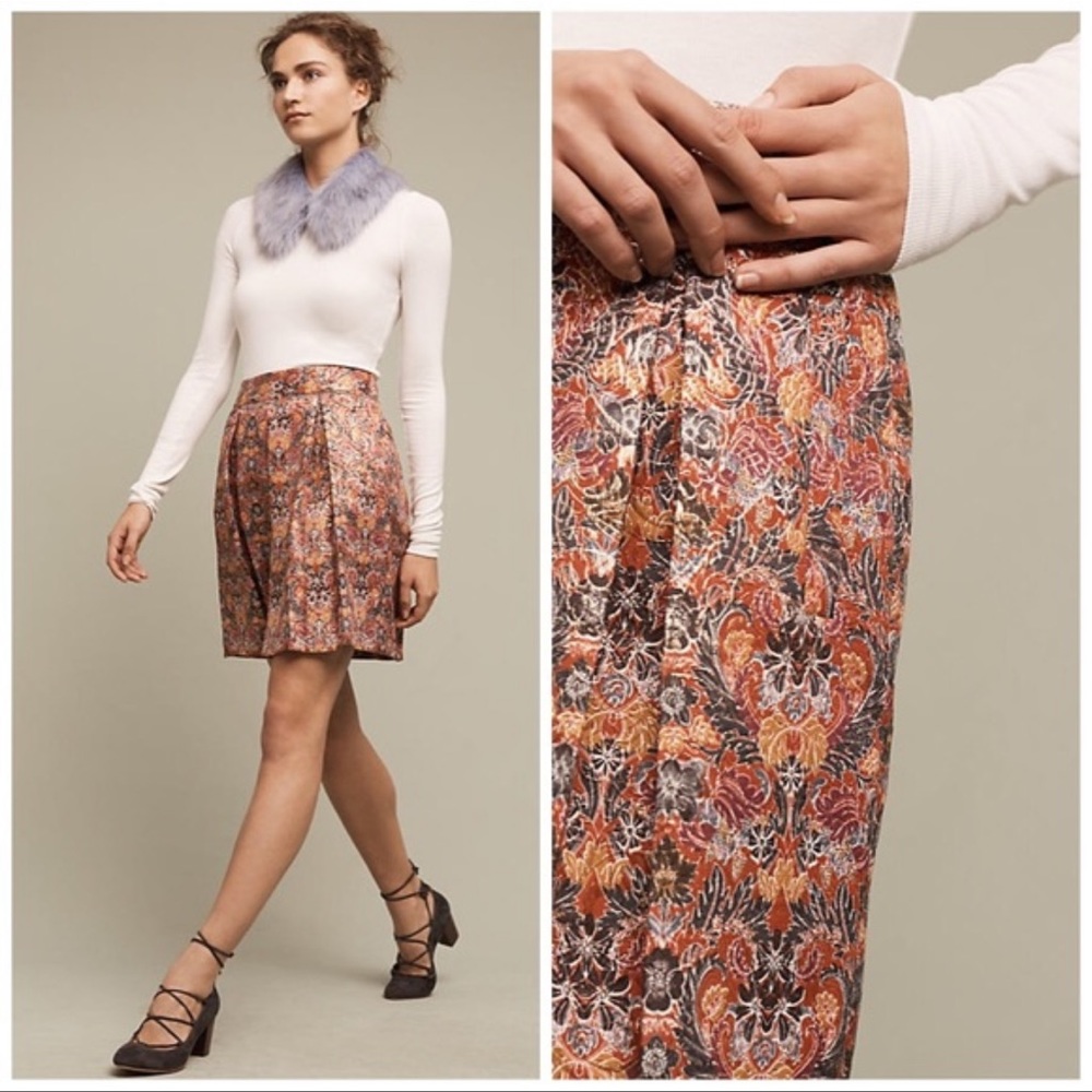 Anthropologie Rosia Brocade Red & Gold Floral Metallic Pleated Skirt - Picture 11 of 13